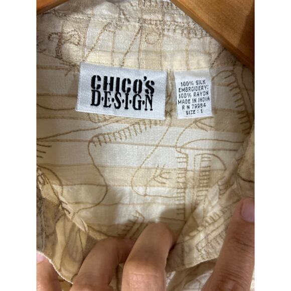 Chicos Design Button Up 1 Medium Tan Beige 100% Silk Embroidered Tunic - Picture 7 of 10